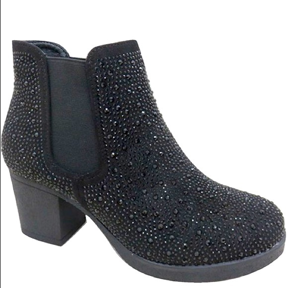 3 Left! Metallic Red Rhinestone Embellished Slip On Chelsea Heeled Booties - Picture 3 of 7